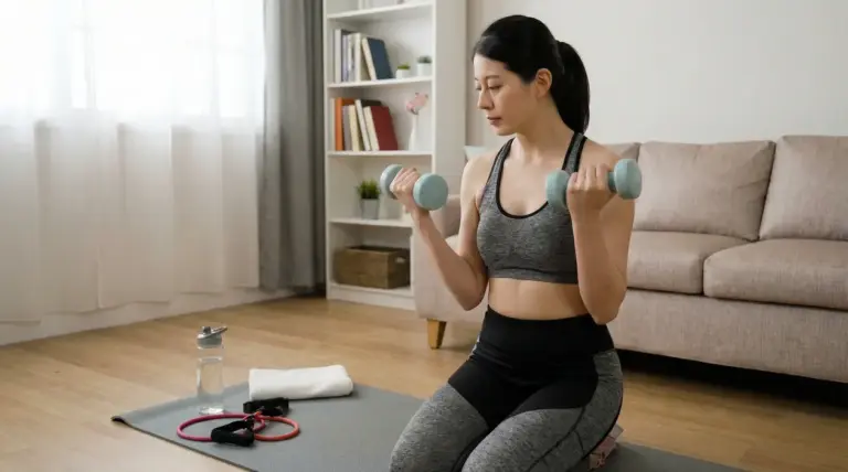Persona seduta su tappetino che esegue curl per bicipiti con manubri in salotto