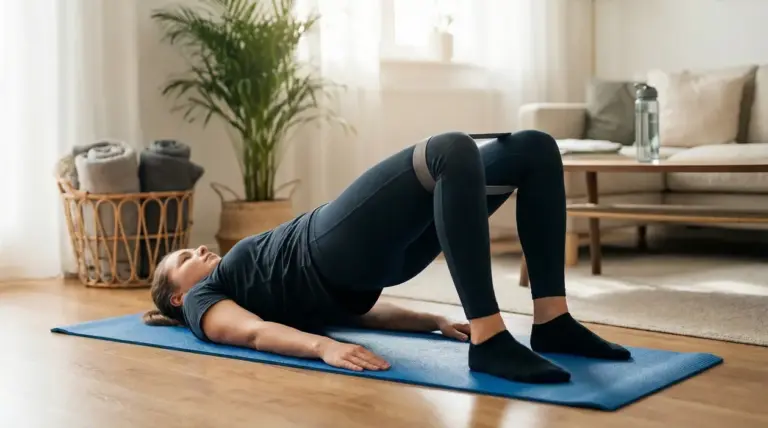 Persona esegue un ponte glutei su tappetino con fascia elastica, allenamento a casa in soggiorno