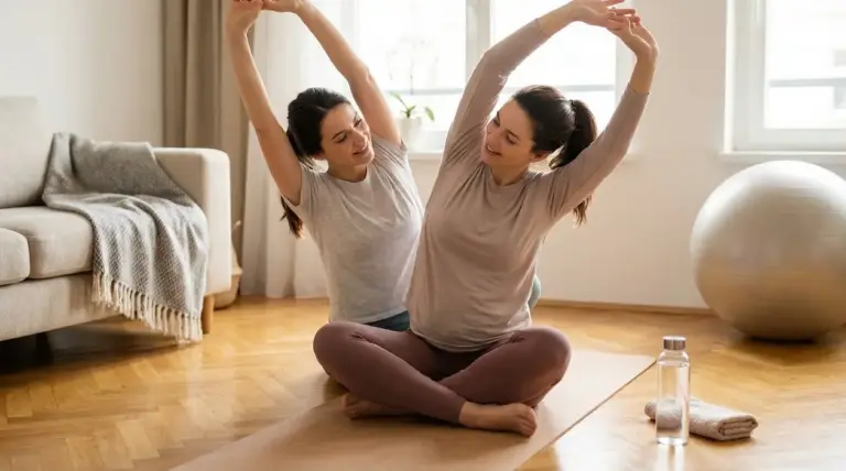 Due donne fanno esercizi di stretching su un tappetino in casa, in un contesto di allenamento post parto