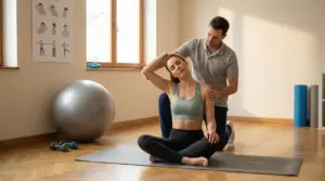 Fisioterapista guida esercizio di mobilità del collo a una persona seduta su tappetino in studio di riabilitazione