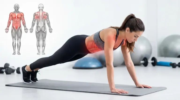 Donna in posizione plank su tappetino durante l’esercizio del verme, con focus sui muscoli coinvolti