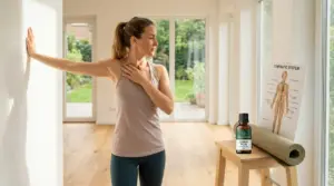 Donna esegue un esercizio di stretching al muro per favorire il drenaggio linfatico in casa