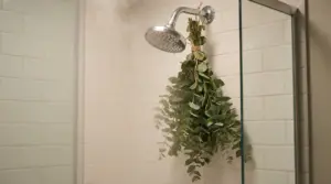 Mazzo di eucalipto legato e appeso al soffione della doccia in un bagno con piastrelle bianche