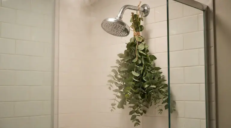 Mazzo di eucalipto legato e appeso al soffione della doccia in un bagno con piastrelle bianche