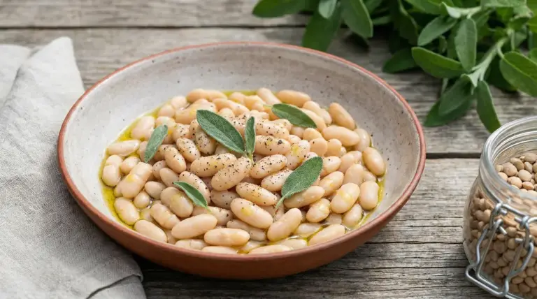 Ciotola di fagioli bianchi con olio d’oliva, salvia e pepe su tavolo rustico