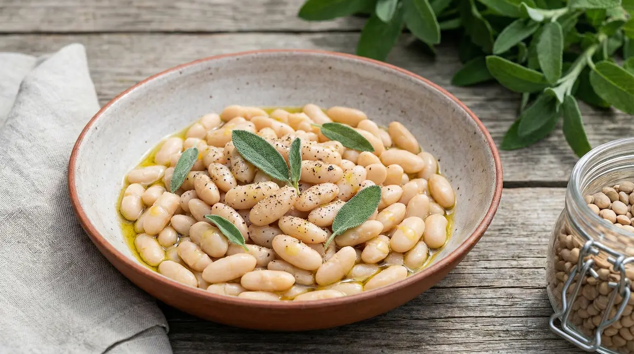 Ciotola di fagioli bianchi con olio d’oliva, salvia e pepe su tavolo rustico