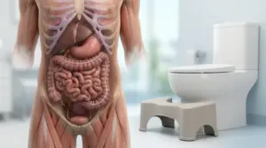 Illustrazione dell’apparato digerente umano accanto a un WC con sgabello per migliorare la postura in bagno
