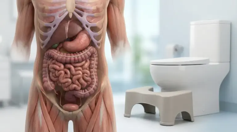 Illustrazione dell’apparato digerente umano accanto a un WC con sgabello per migliorare la postura in bagno