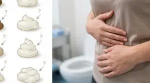 Illustrazione di feci pallide e persona con dolore addominale in bagno, possibile segnale di disturbi biliari o digestivi