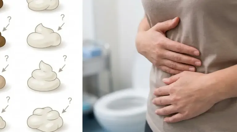 Illustrazione di feci pallide e persona con dolore addominale in bagno, possibile segnale di disturbi biliari o digestivi