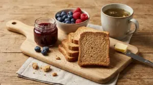 Fette biscottate integrali su tagliere con marmellata, frutti di bosco, burro e una tazza di tè