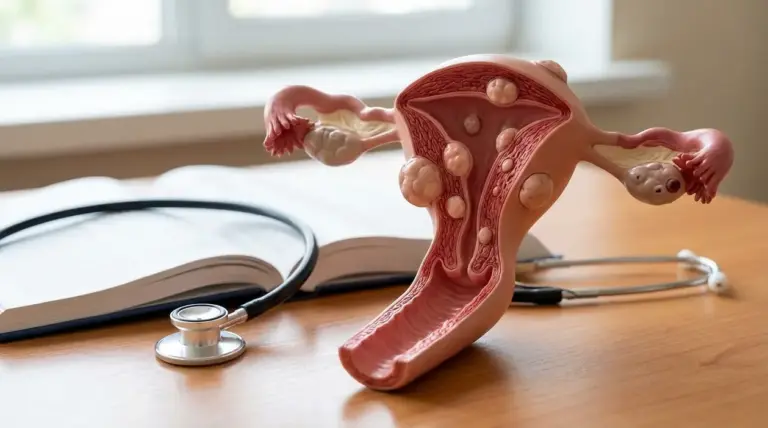 Modello anatomico dell’utero con fibromi uterini su un tavolo medico accanto a stetoscopio e libro