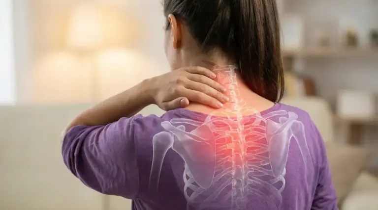 Persona vista di spalle con mano sul collo e zona cervicale evidenziata in rosso, possibile dolore da fibromialgia
