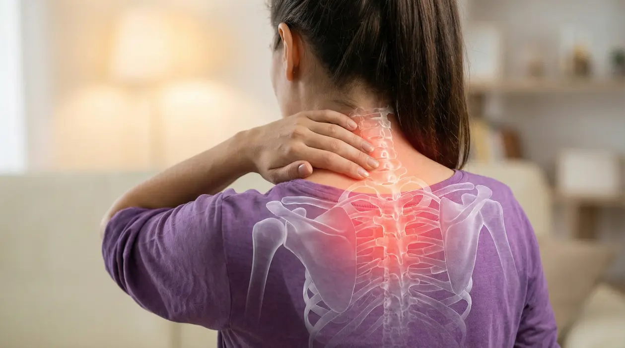 Persona vista di spalle con mano sul collo e zona cervicale evidenziata in rosso, possibile dolore da fibromialgia