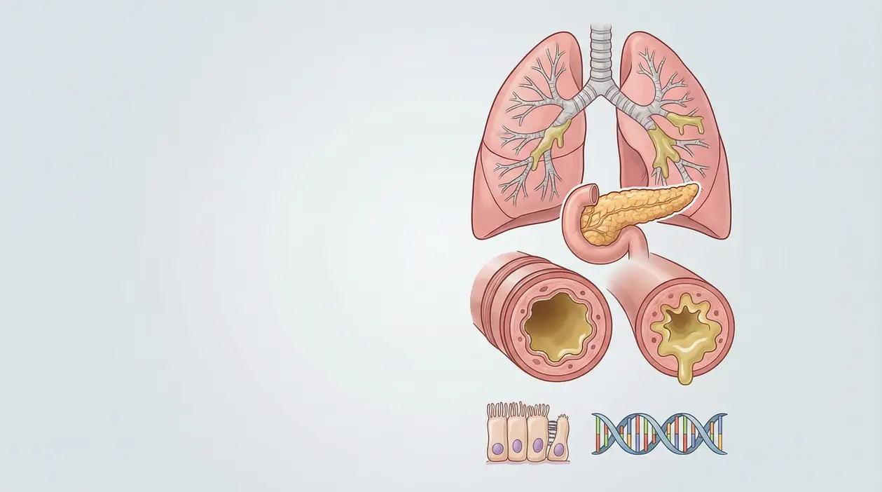 Illustrazione di polmoni e pancreas con muco nei bronchi e sezione di vie aeree, legata alla fibrosi cistica
