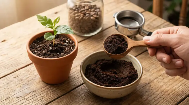 Mano che aggiunge fondi di caffè al terriccio di una piantina in vaso su tavolo di legno