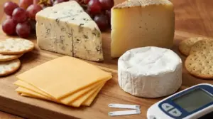 Varietà di formaggi su tagliere con glucometro, uva e cracker, in tema colesterolo e glicemia alta