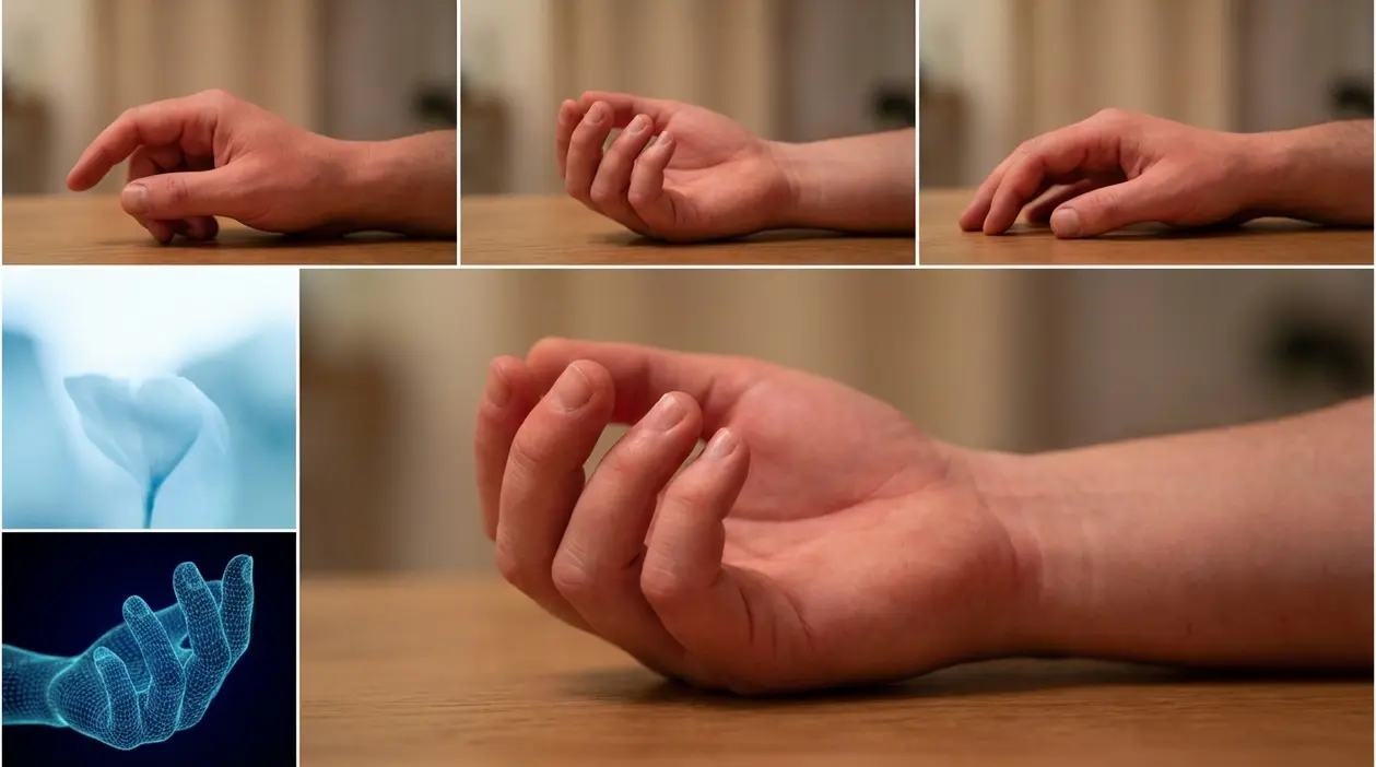 Primo piano di una mano appoggiata su un tavolo, con dita piegate, a rappresentare il formicolio alle braccia