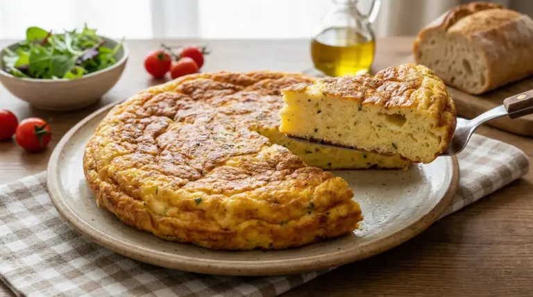 Frittata alta e soffice servita su un piatto con contorni di insalata e pomodorini