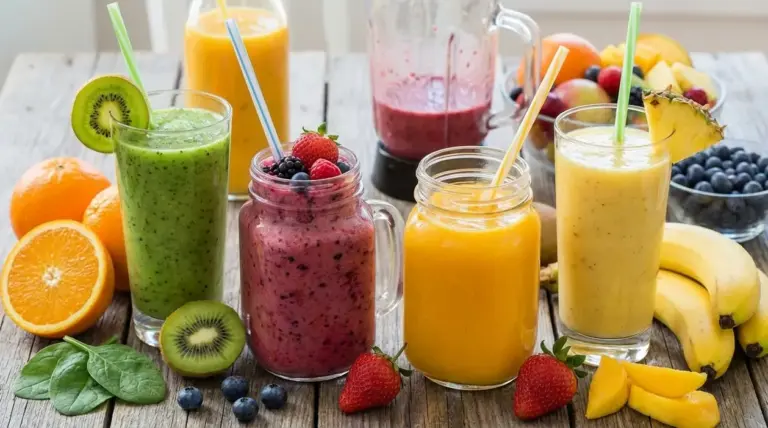 Bicchieri di frullati alla frutta colorati su tavolo in legno con kiwi, fragole, arance, banane e mirtilli