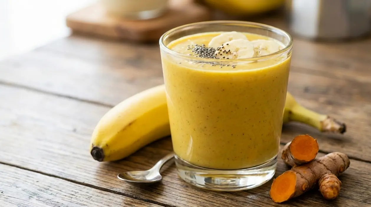 Frullato alla banana e curcuma in un bicchiere, con fette di banana, semi e radice di curcuma sul tavolo