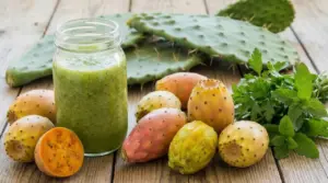 Vasetto con frullato verde di fichi d’india su tavolo in legno, con frutti freschi e pale di cactus