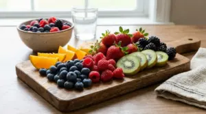 Tagliere con frutti di bosco, kiwi, fragole e arancia, ideale per una dieta equilibrata e per chi controlla gli zuccheri