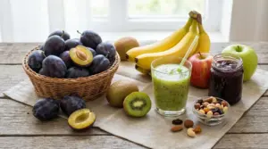 Frutta ricca di fibre su un tavolo: prugne, banane, kiwi, mele e smoothie verde per favorire la regolarità