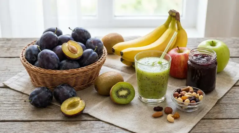 Frutta ricca di fibre su un tavolo: prugne, banane, kiwi, mele e smoothie verde per favorire la regolarità