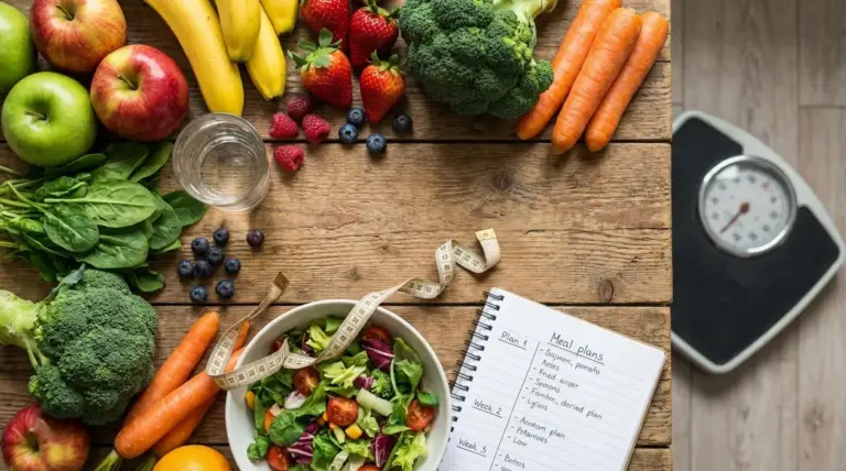 Frutta e verdura fresca con insalata, metro, bilancia e piano alimentare su tavolo di legno