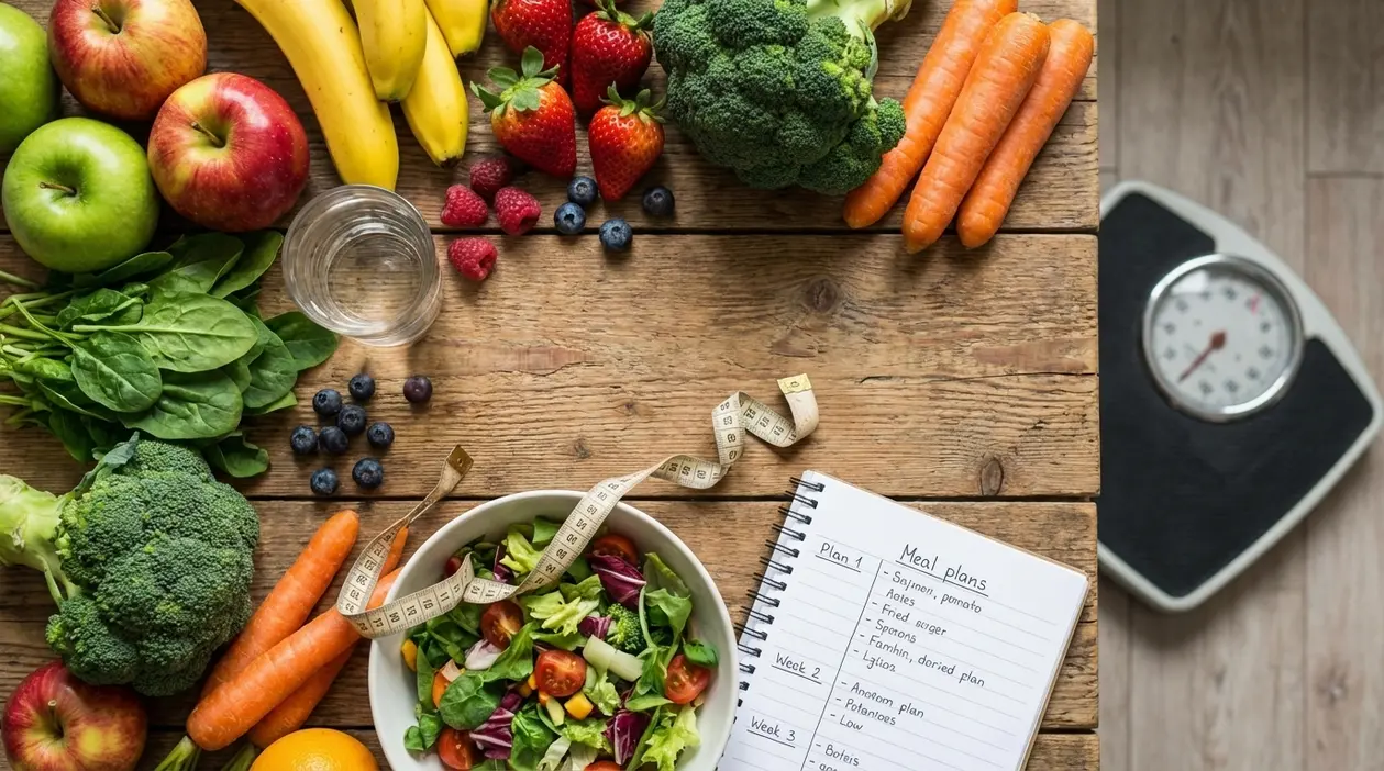 Frutta e verdura fresca con insalata, metro, bilancia e piano alimentare su tavolo di legno