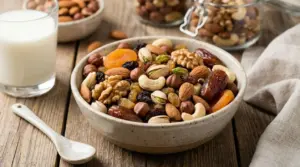 Ciotola di frutta secca e disidratata con bicchiere di latte su tavolo, ideale per la colazione