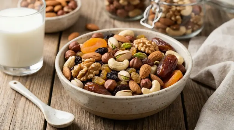 Ciotola di frutta secca e disidratata con bicchiere di latte su tavolo, ideale per la colazione