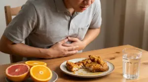 Persona con bruciore di stomaco seduta a tavola davanti a cibo fritto e agrumi