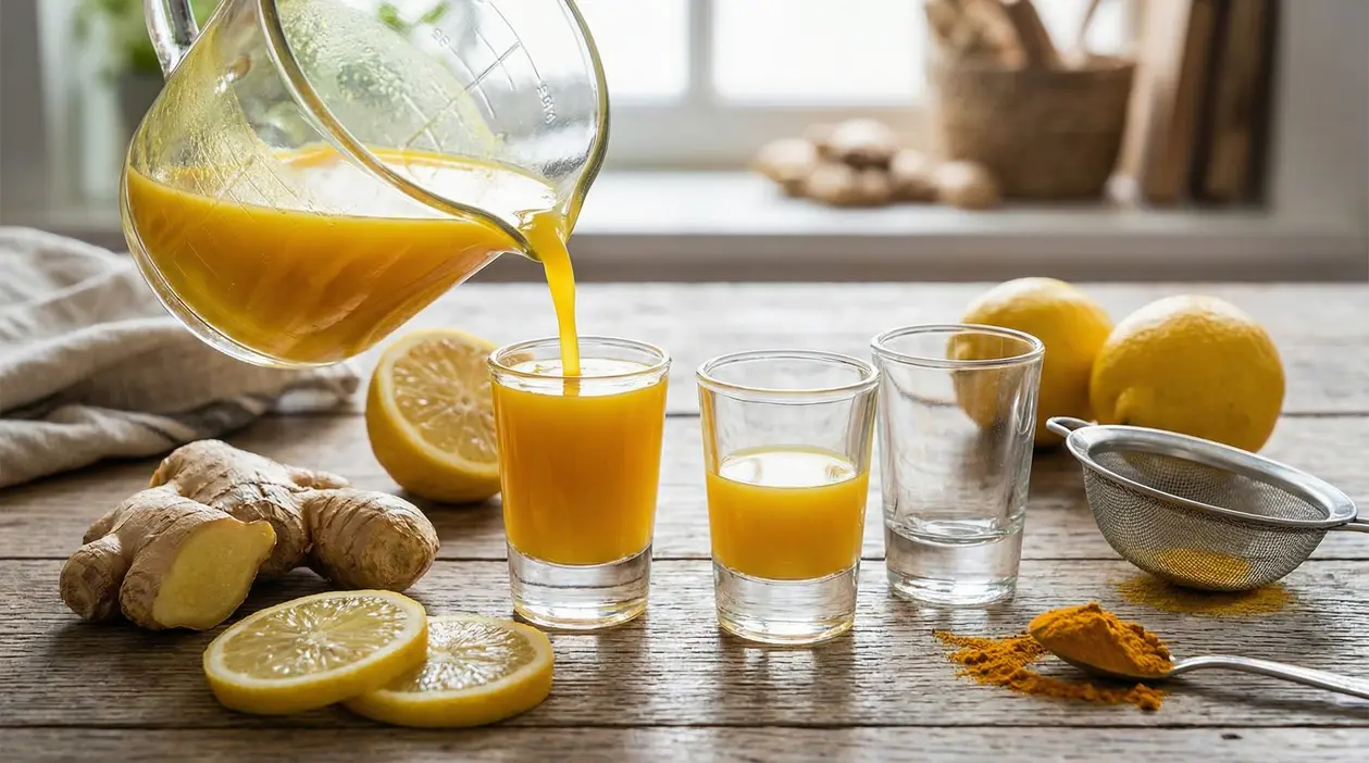 Ginger shot fatto in casa: succo giallo versato in bicchierini con limoni, zenzero e colino su tavolo in legno