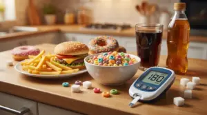 Alimenti ricchi di zuccheri e grassi con glucometro su un tavolo, tema glicemia alta