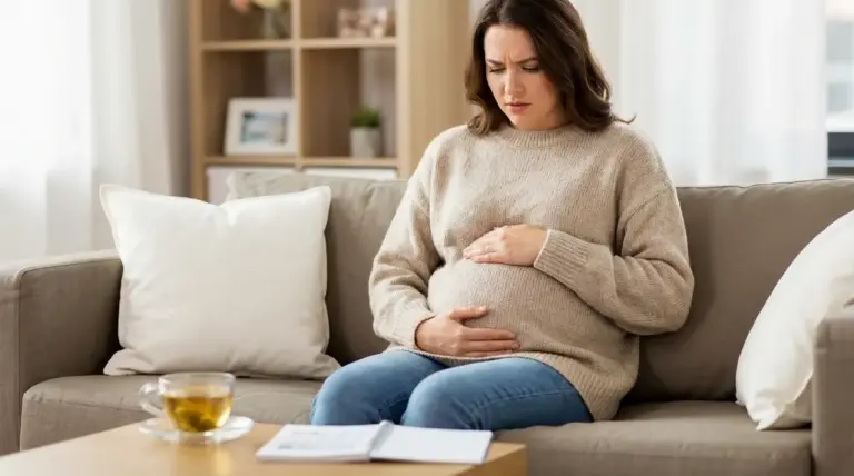 Donna seduta sul divano con le mani sull’addome, espressione di disagio per gonfiore addominale