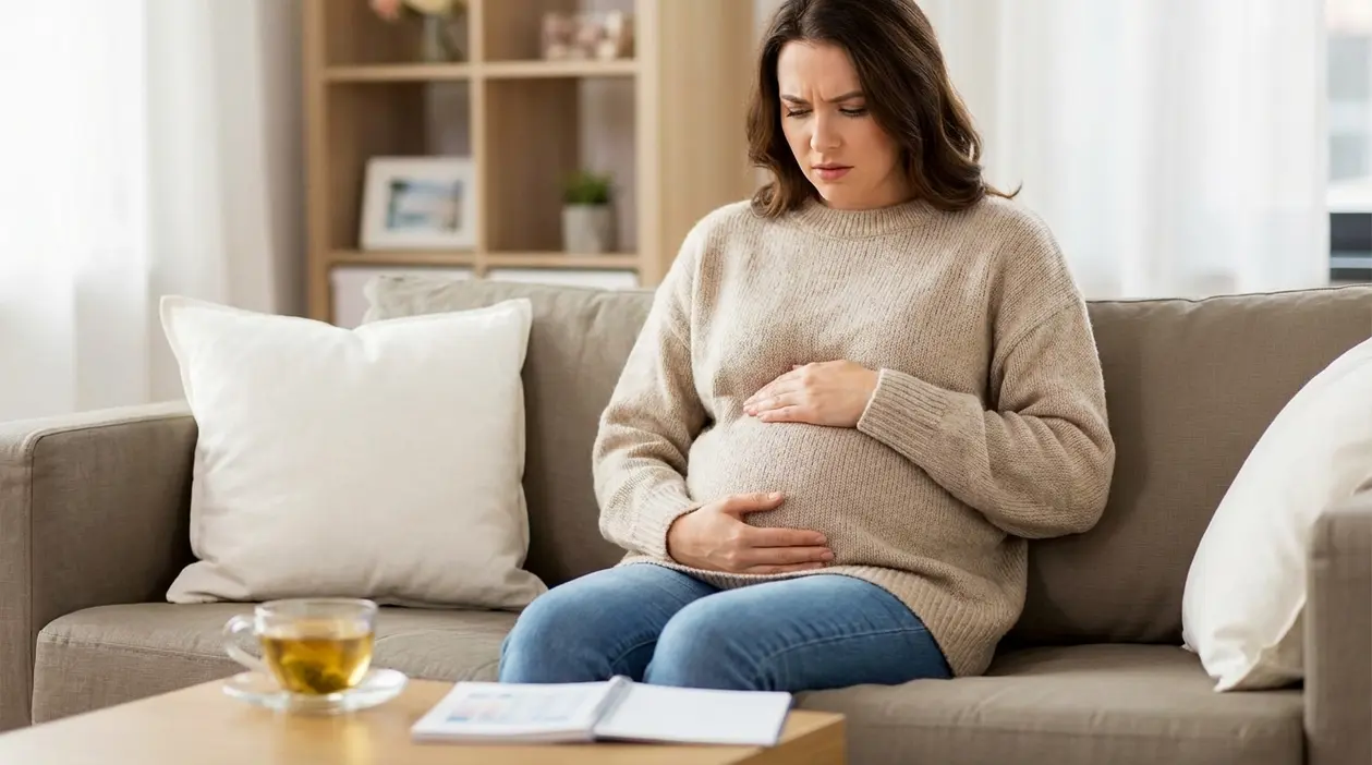 Donna seduta sul divano con le mani sull’addome, espressione di disagio per gonfiore addominale