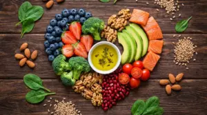 Alimenti amici del cuore: salmone, avocado, olio d’oliva, noci, mirtilli, fragole, broccoli e spinaci su tavolo