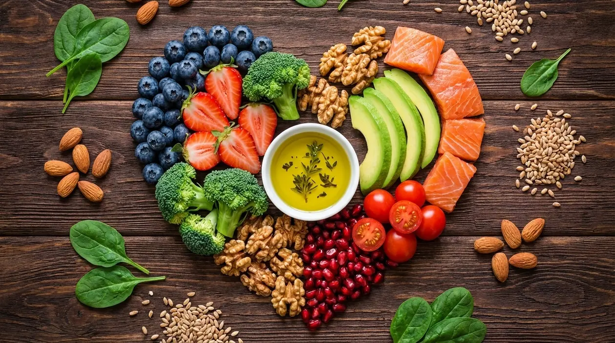 Alimenti amici del cuore: salmone, avocado, olio d’oliva, noci, mirtilli, fragole, broccoli e spinaci su tavolo