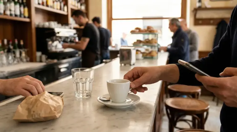 Mano che prende una tazzina di caffè al bancone del bar, con bicchiere d’acqua e persone sullo sfondo