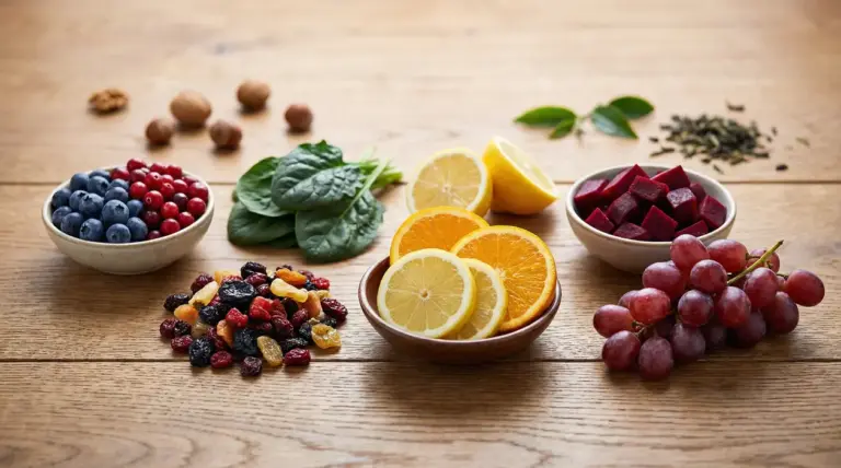 Alimenti ricchi di antiossidanti: frutti di bosco, spinaci, agrumi, barbabietola, uva e frutta secca su tavolo