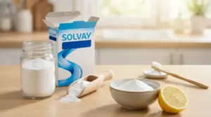 Bicarbonato in barattolo e ciotola con cucchiaio di legno, spazzolino e mezzo limone su un tavolo in cucina