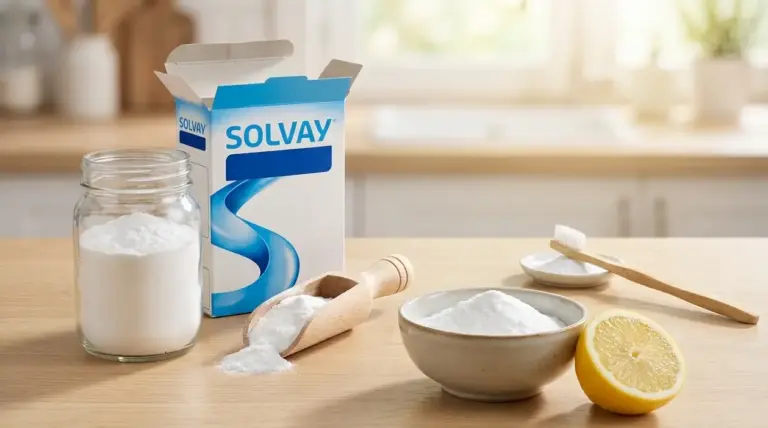 Bicarbonato in barattolo e ciotola con cucchiaio di legno, spazzolino e mezzo limone su un tavolo in cucina