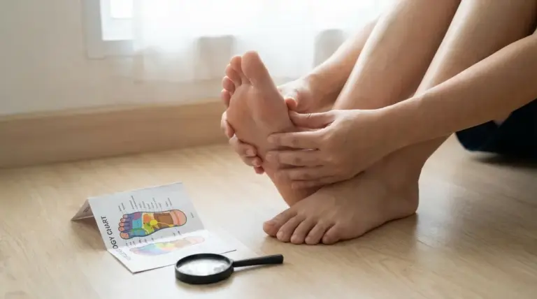 Persona seduta che massaggia il piede, con una mappa del piede e una lente d’ingrandimento sul pavimento