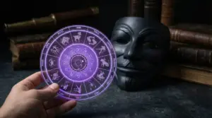 Una mano tiene un disco con i segni zodiacali illuminato di viola accanto a una maschera nera su un tavolo