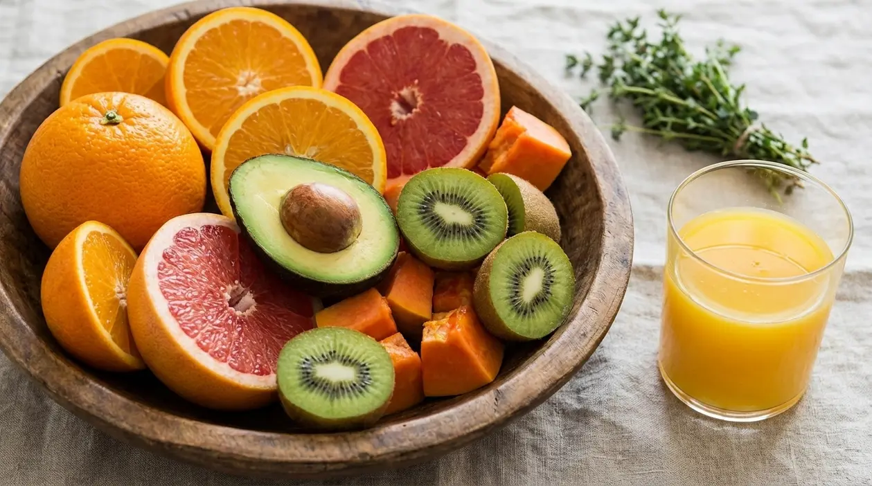 Ciotola di agrumi, kiwi e avocado con un bicchiere di succo d’arancia su tavolo chiaro