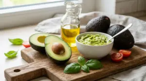 Avocado tagliato e guacamole in ciotola con olio d’oliva, basilico e pomodorini su tagliere di legno