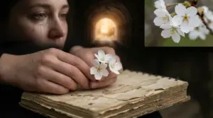 Persona in lacrime con fiori bianchi tra le mani, simbolo di rinascita emotiva e speranza