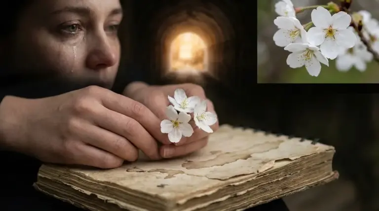 Persona in lacrime con fiori bianchi tra le mani, simbolo di rinascita emotiva e speranza